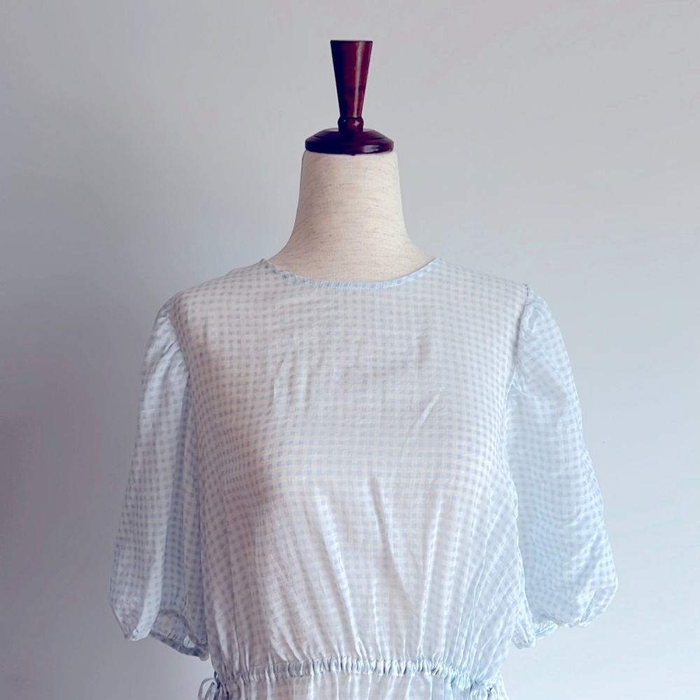 Levi’s sheer plaid / gingham white and blue midi babydoll dress.
